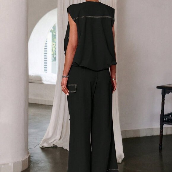 Black Casual Women's Zipper Sleeveless Top &  Long Pants coord set - Picture 4 of 8
